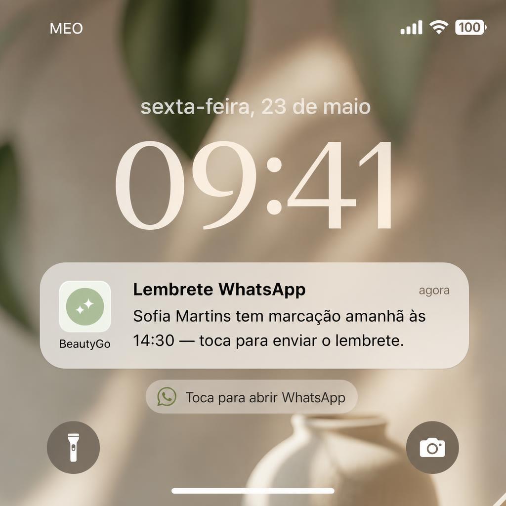 Notificação push no ecrã bloqueado do iPhone a lembrar o profissional de enviar o WhatsApp ao cliente