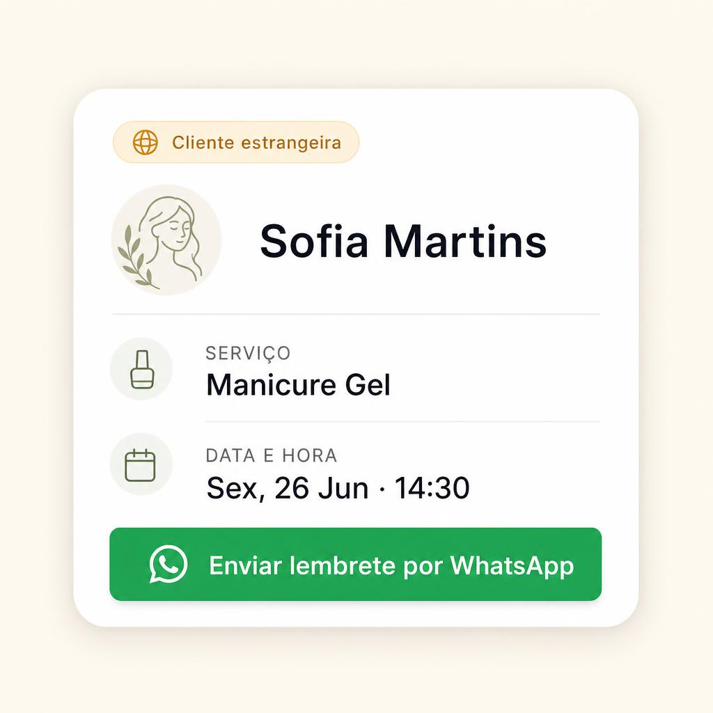 Cartão de agendamento BeautyGo com botão verde 'Enviar lembrete por WhatsApp' para cliente estrangeira